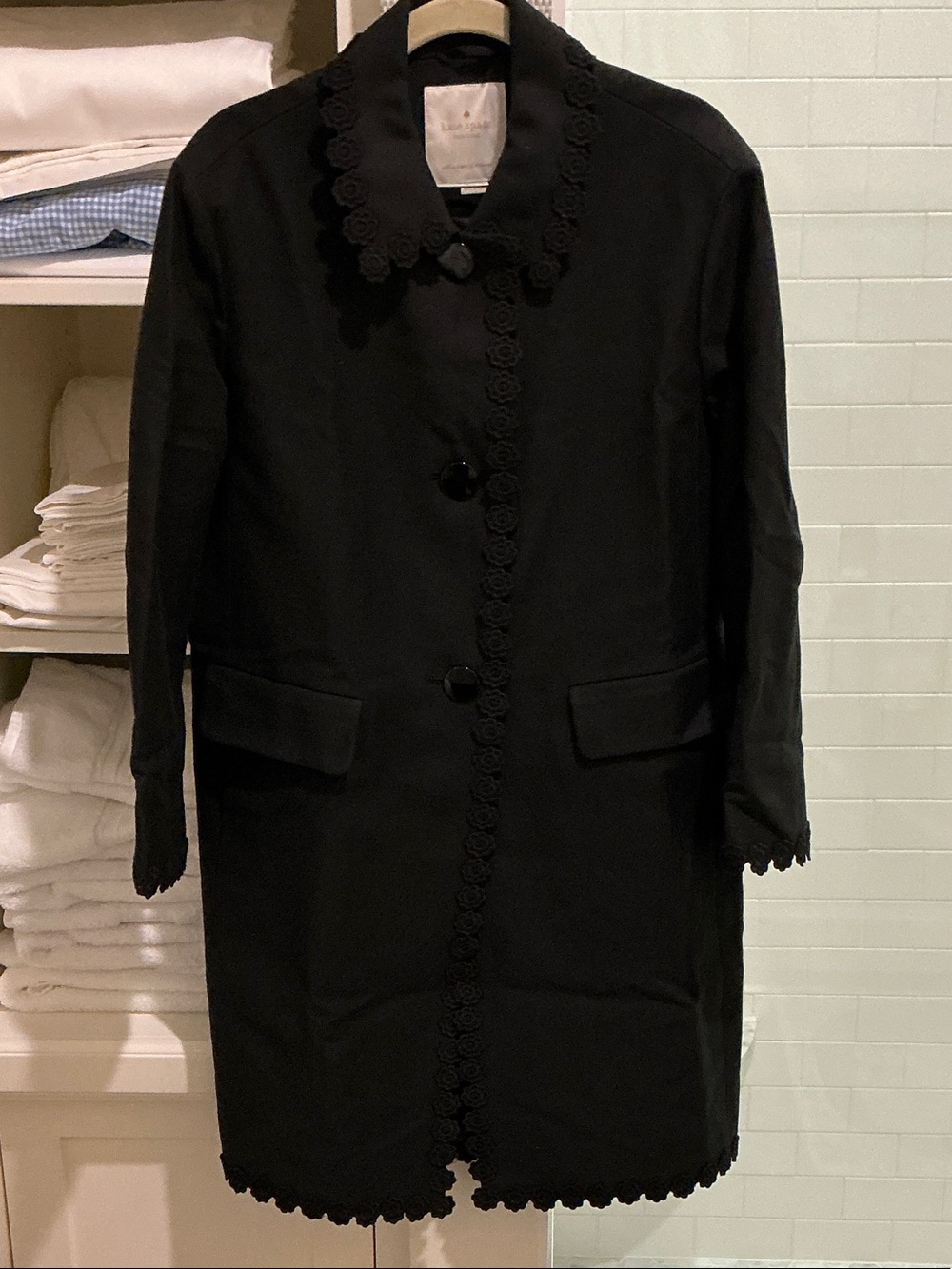 kate spade Black Scalloped Trim Long Coat